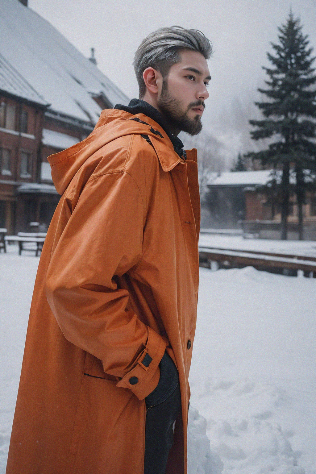 00034-632412759-(silver_hair_1.1),handsome male,beard,(oversized orange coat_1.1),abs,winter,snow,.png